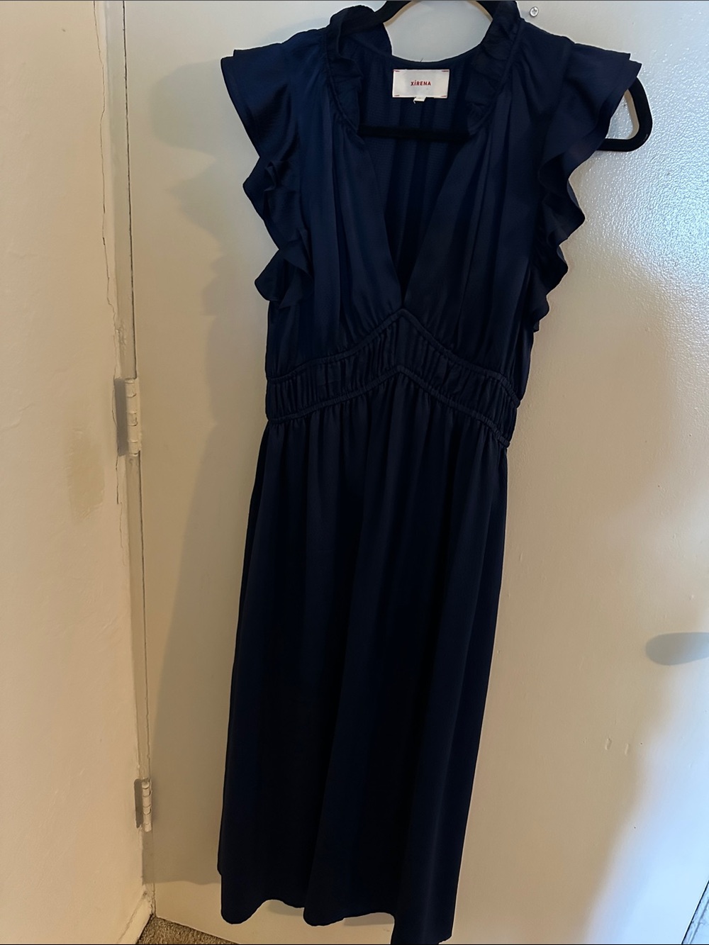 XIRENA  Navy Maxi 100% Silk Dress Ruffled Sleeves V Neck Medium